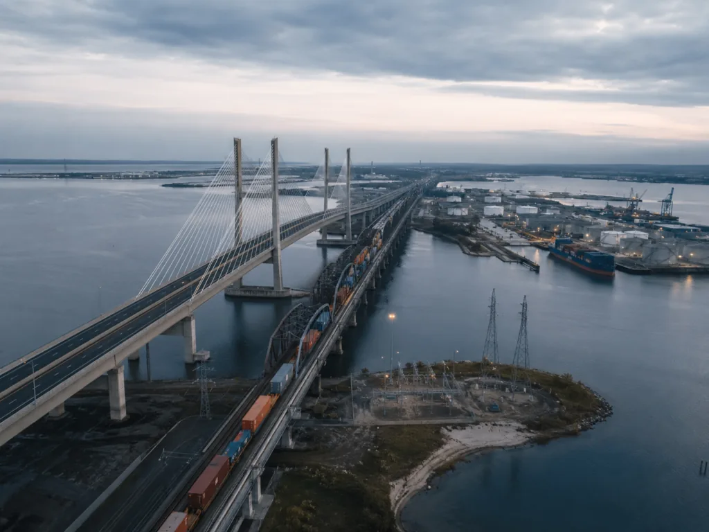 Cable-stayed bridge and freight rail corridor beside an industrial port
